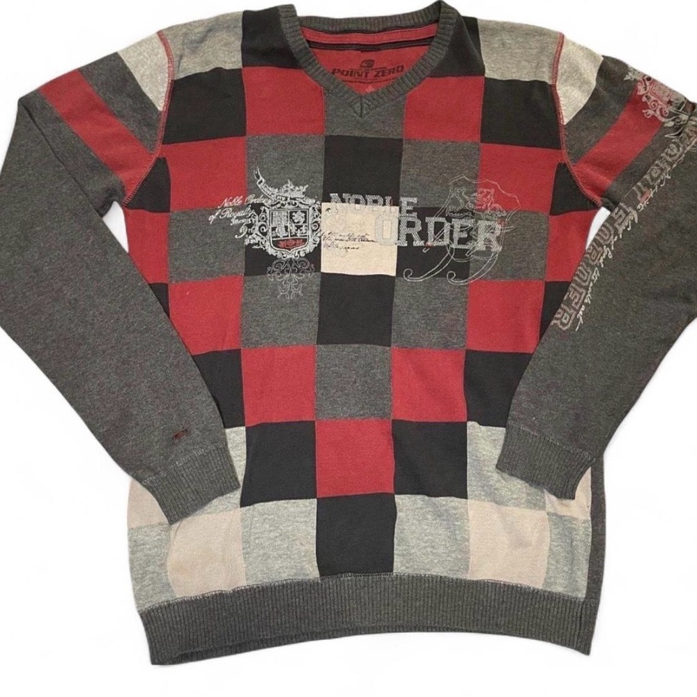 Point Zero Men's Y2K Noble Order Graphic Patchwork V-Neck Sweater